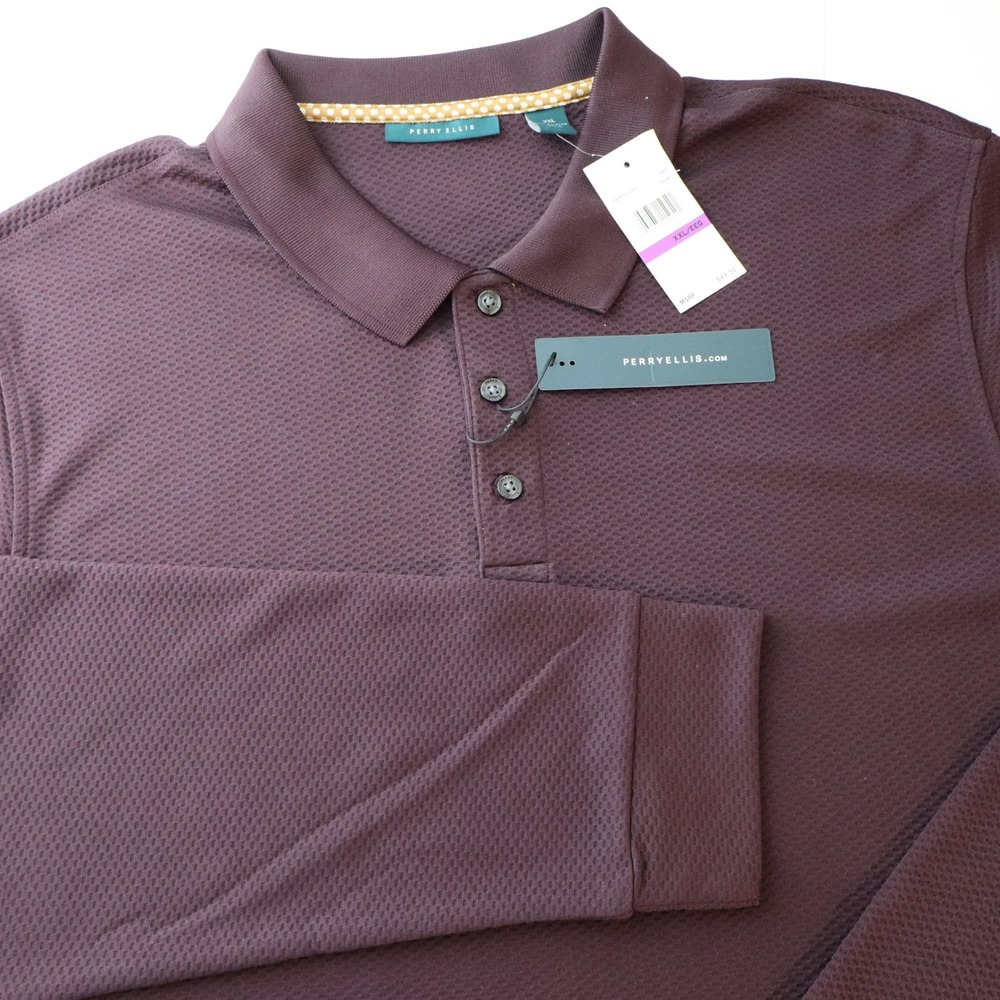 Perry Ellis Polo Shirt Mens XXL Burgundy Long Sleeve Textured Waffle KG1164